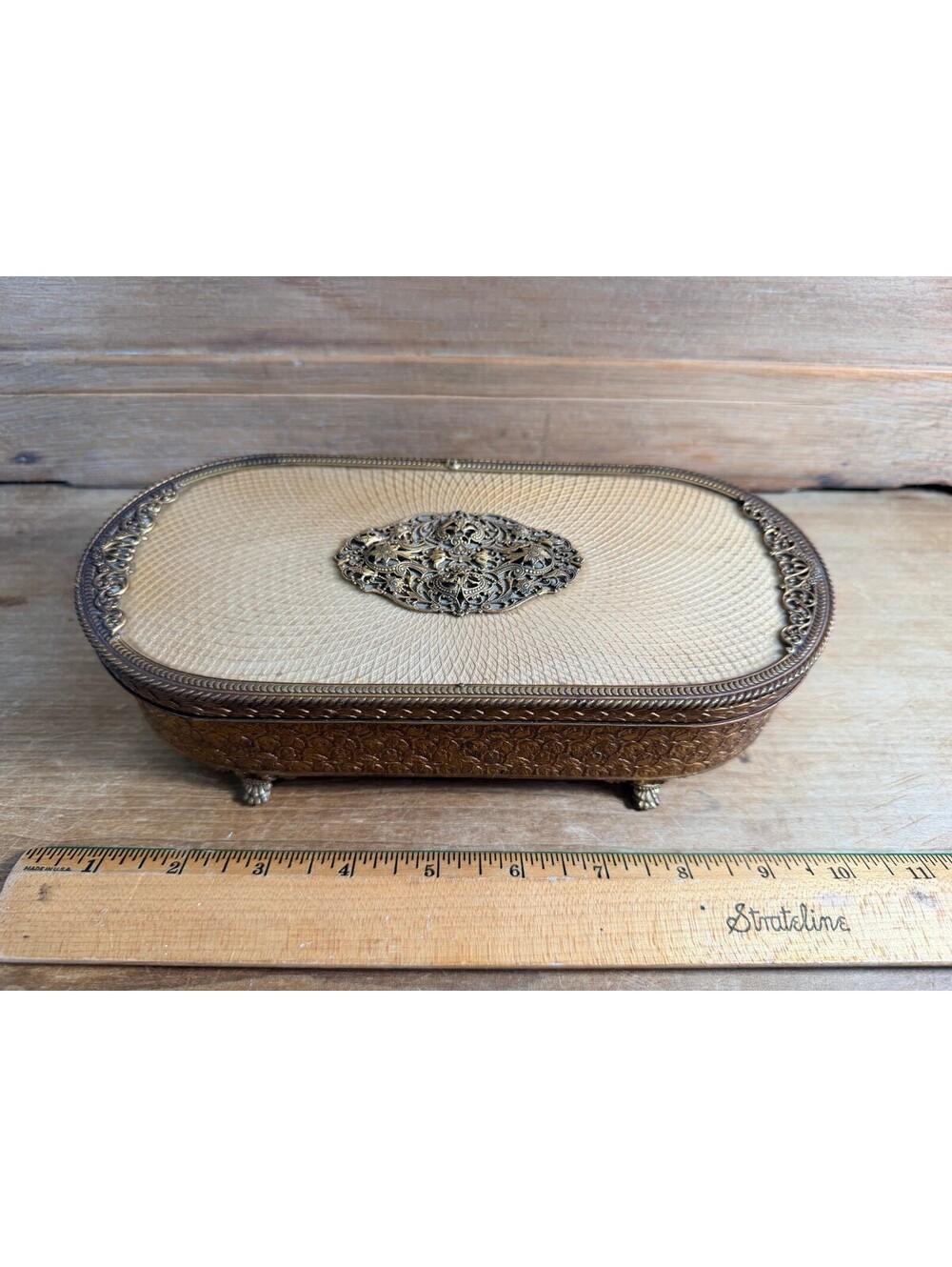 Vintage Apollo Fabric Casket Jewelry Box Brass Filigree Footed